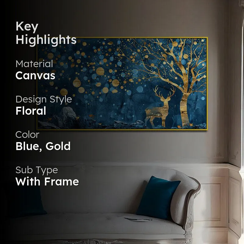 Gilded Indigo Forestscape Floral Canvas Wall Painting With Frame - Gold media 2