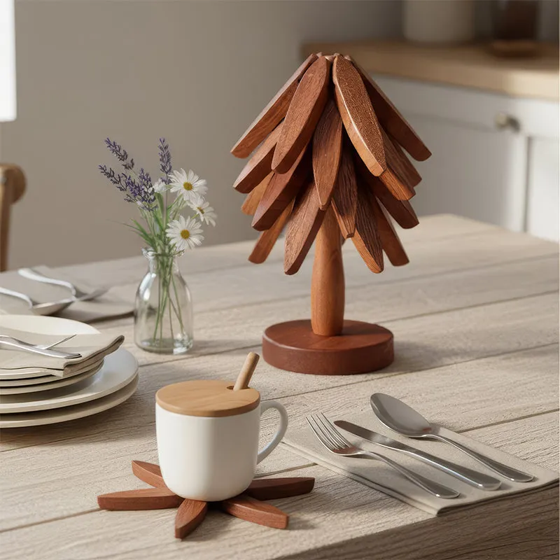 Tree Shaped Sheesham Wood Coasters with Stand - Four Piece Set media 4