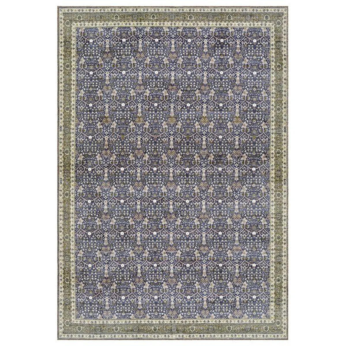 Rectangular navy blue and green ethnic carpet shown fully from above