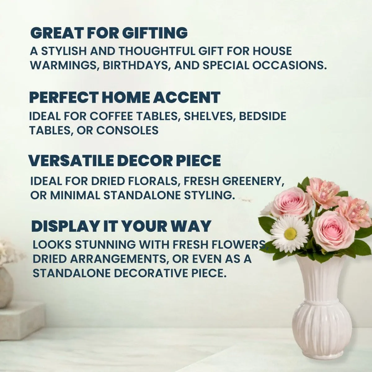 White ribbed vase with flowers placed beside decorative text on a soft background