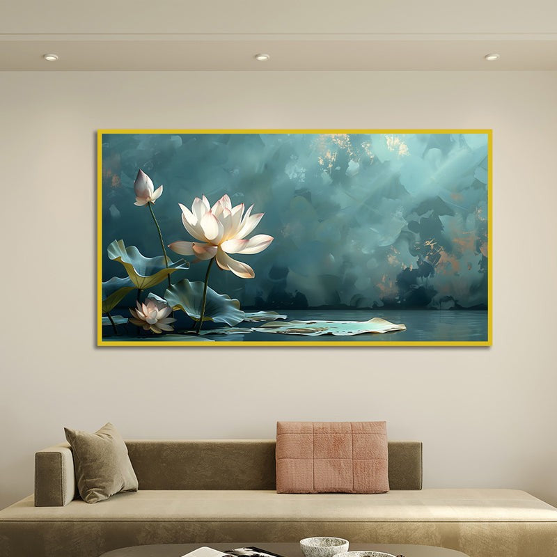 Lotus Of Tranquil Waters Floral Canvas Wall Painting With Frame - Gold