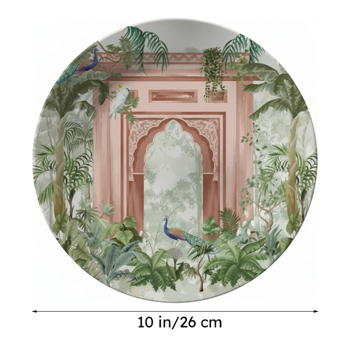 Round wall plate with peacock and botanical Mughal-inspired artwork