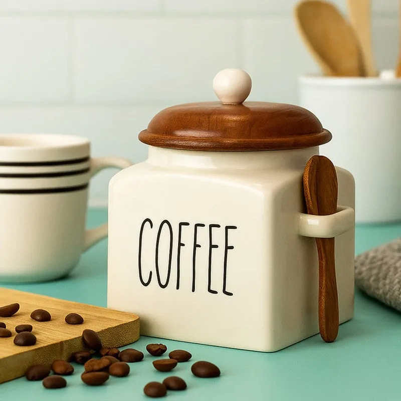 Ivory Ceramic Kitchen Storage Jar with Mango Wood Lid (1000 mL Each) - Set Of Three media 5