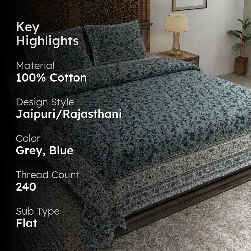 Florava Cotton Bedsheet (Grey,Blue) - 240 TC media 2