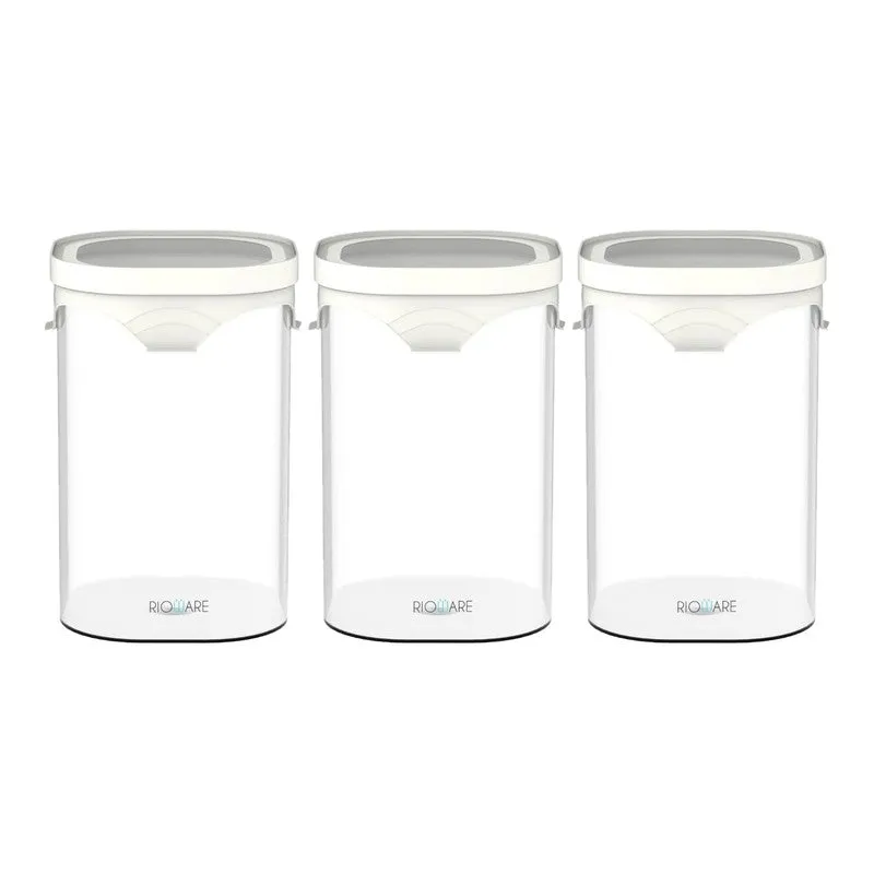 Three empty transparent cylindrical jars with white airtight lids arranged side by side.