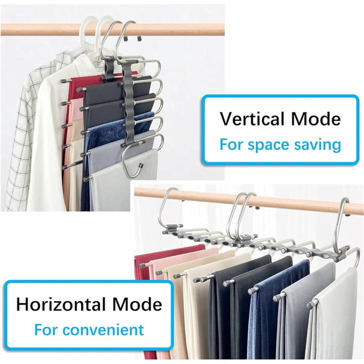 Metallic multi-tier hangers shown hanging vertically and horizontally on a wardrobe rod