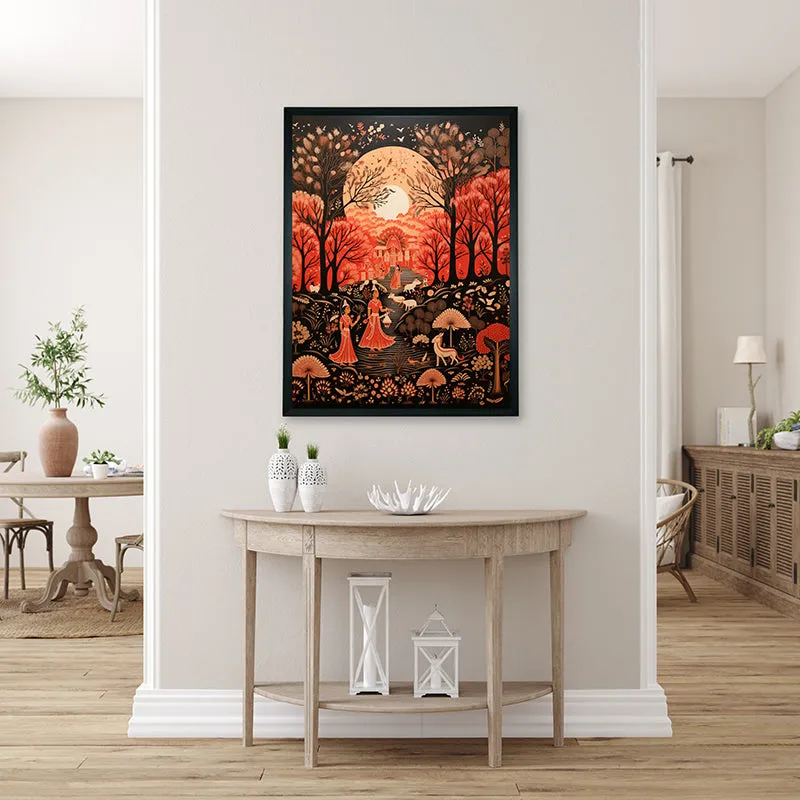 Framed forest scene wall art hung above a light wood console table