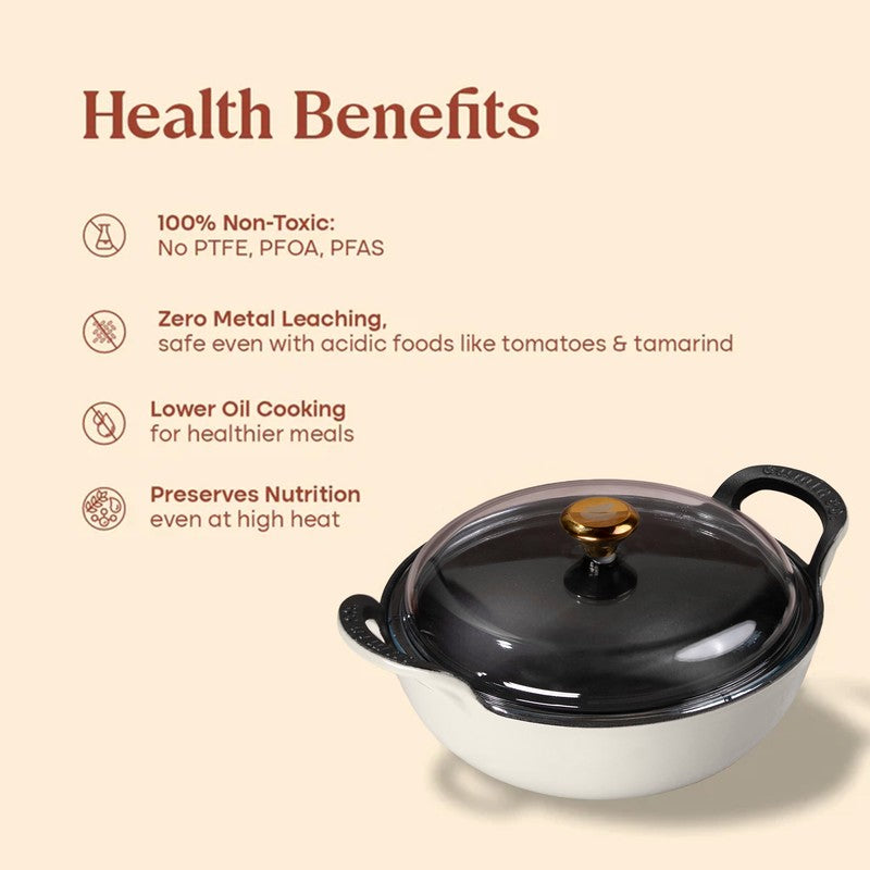 Cumin Co Enamel Cast Iron Kadhai With Lid (3200 mL) - White media 7