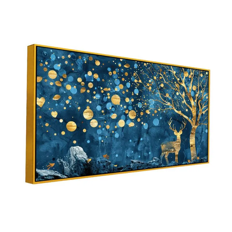 Gilded Indigo Forestscape Floral Canvas Wall Painting With Frame - Gold media 3