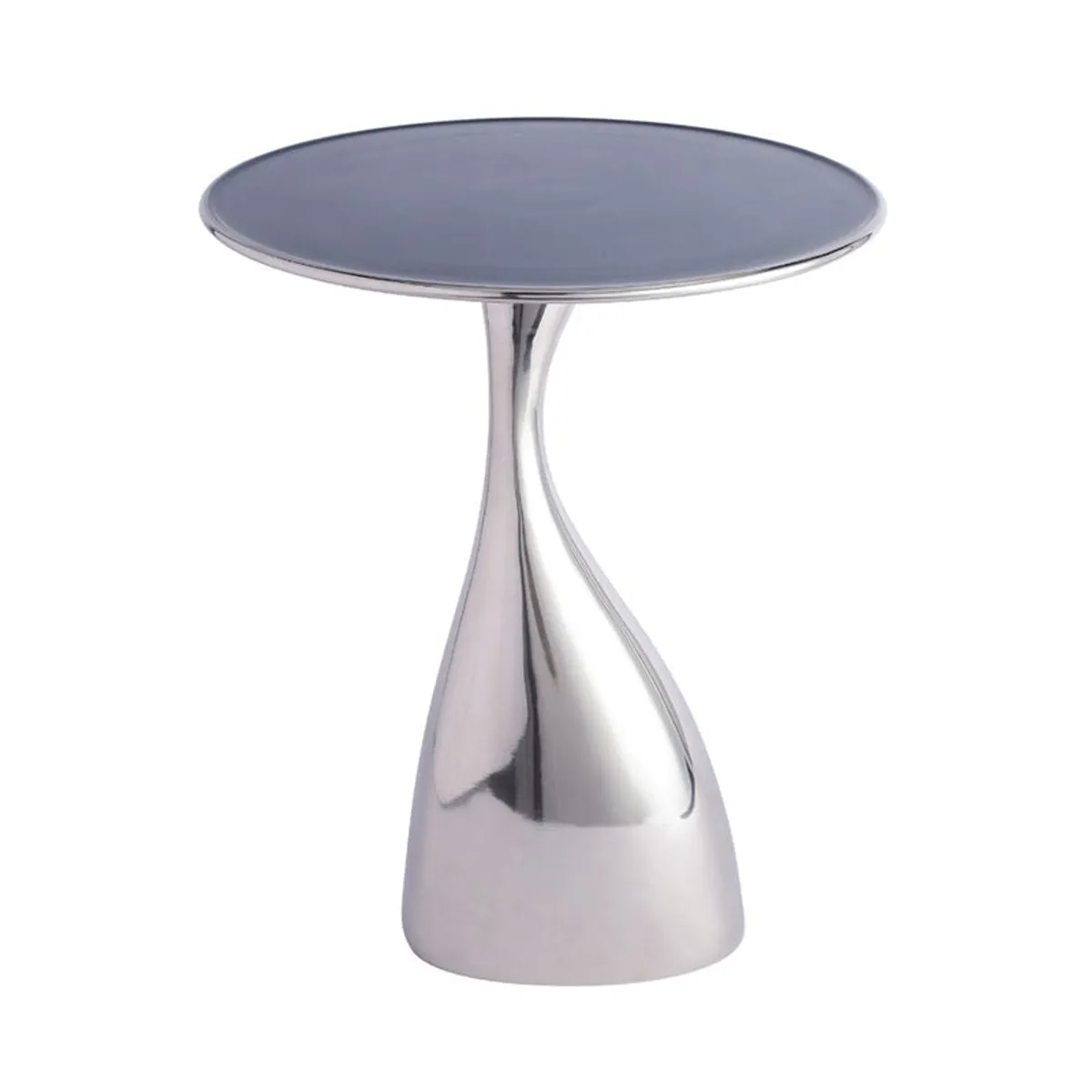 Silver side table with a round dark top and glossy sculptural base on a plain background