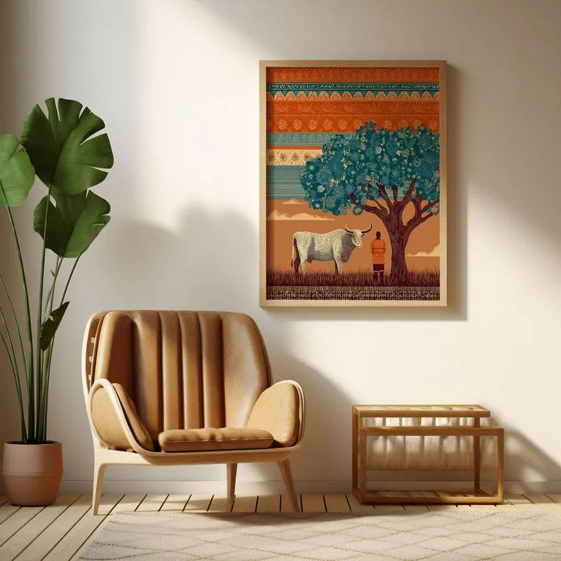 Kamadhenu Canvas Wall Painting With Brown Frame media 5