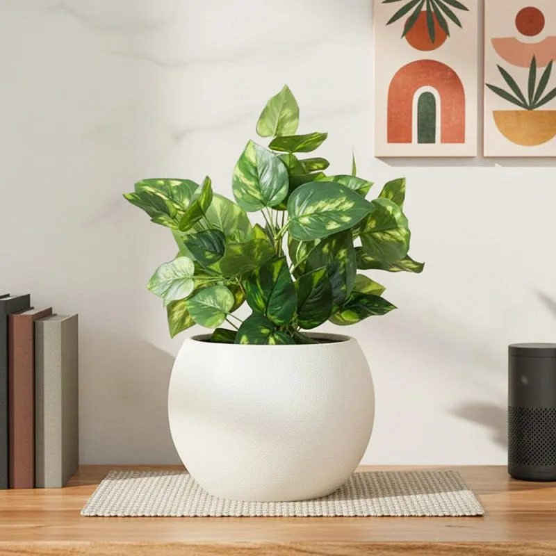 Artificial Pothos Plant With Black Fiber Pot (Green, Yellow) - 1 Feet media 1