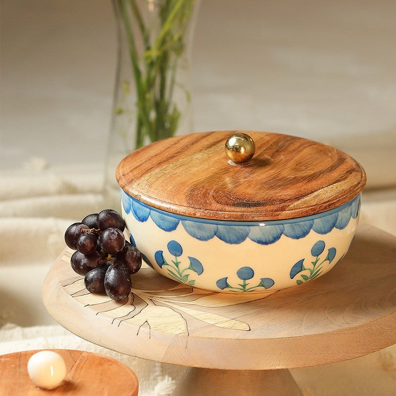 Blossom Petal Whisper Ceramic Bowl with Mango Wood Lid - 750 mL