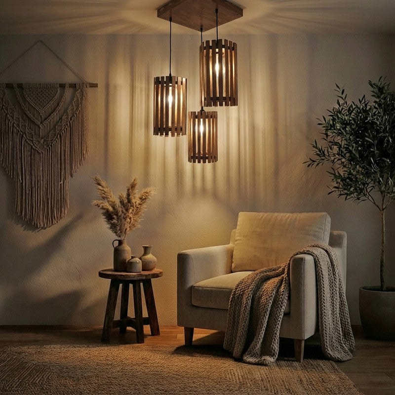 CageGlow Wooden Ceiling Lamp - Brown