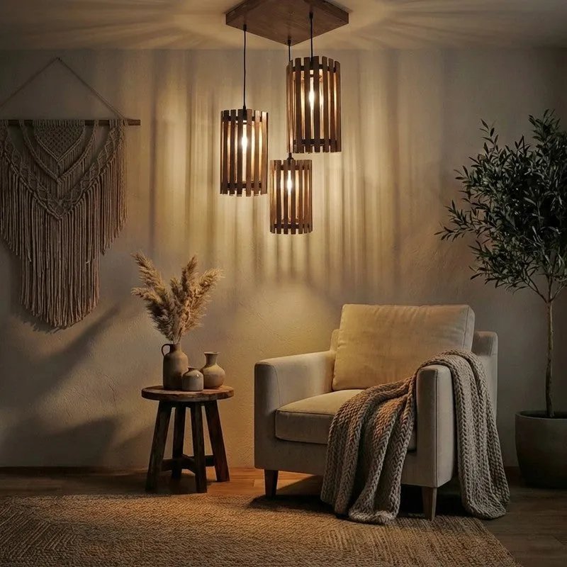 CageGlow Wooden Ceiling Lamp - Brown media 1