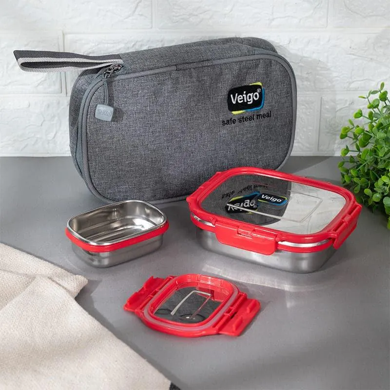Delica Red Lunch Box With Pouch (550/150 mL) - Two Piece Set media 1