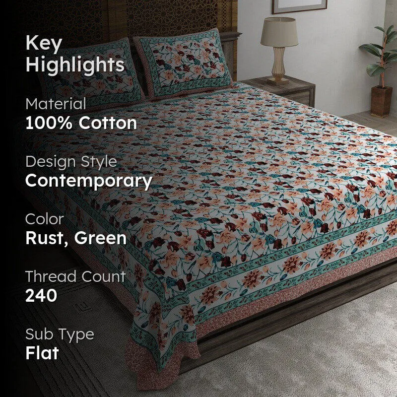 Rangon Cotton Bedsheet (Rust,Green) - 240 TC media 2