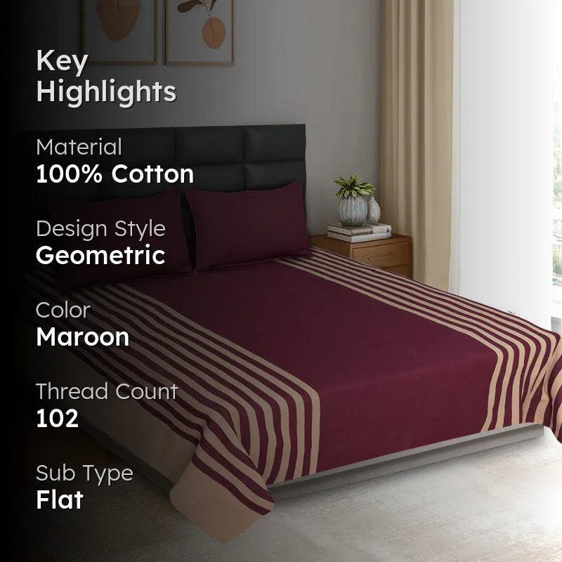 Maroon bedsheet lifestyle image with text overlay showing product highlights