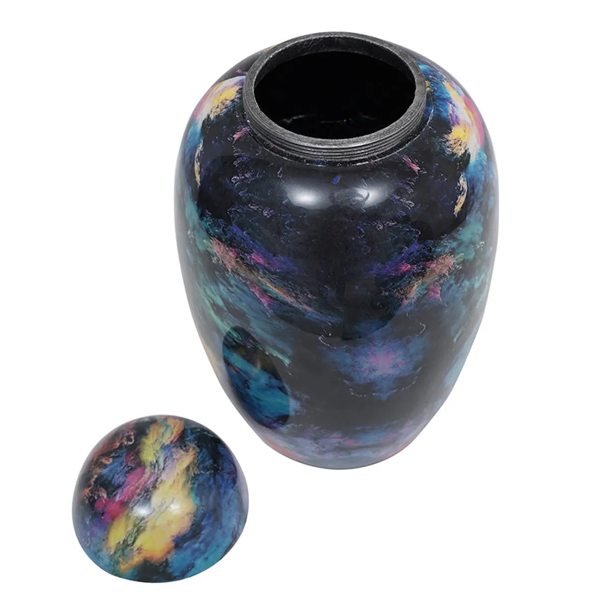 Top view of the galaxy-finish vase with its rounded cap placed beside it