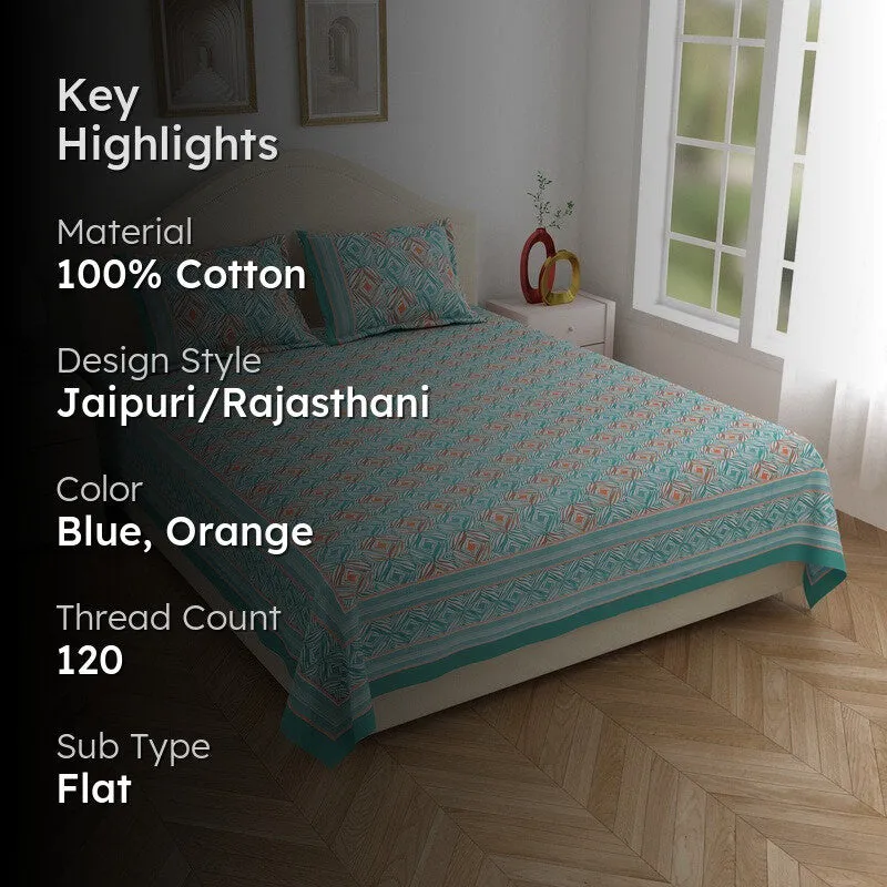 Desert Charm Cotton Bedsheet (Blue,Orange) - 120 TC media 2