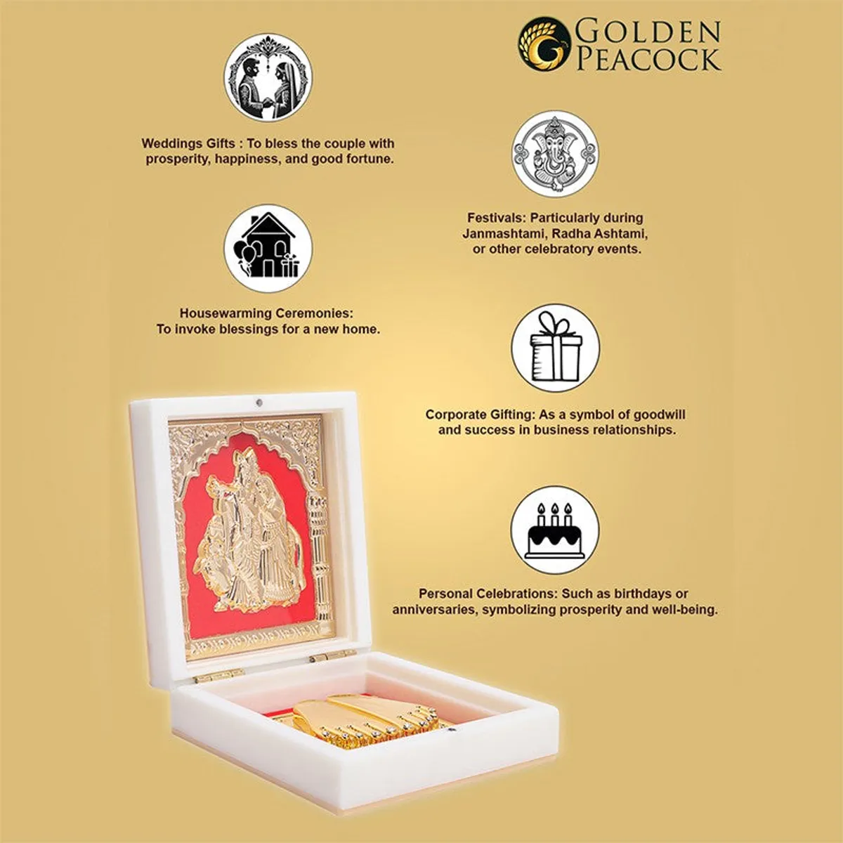 Open Radha Krishna accent box shown with festive gifting and decor illustrations