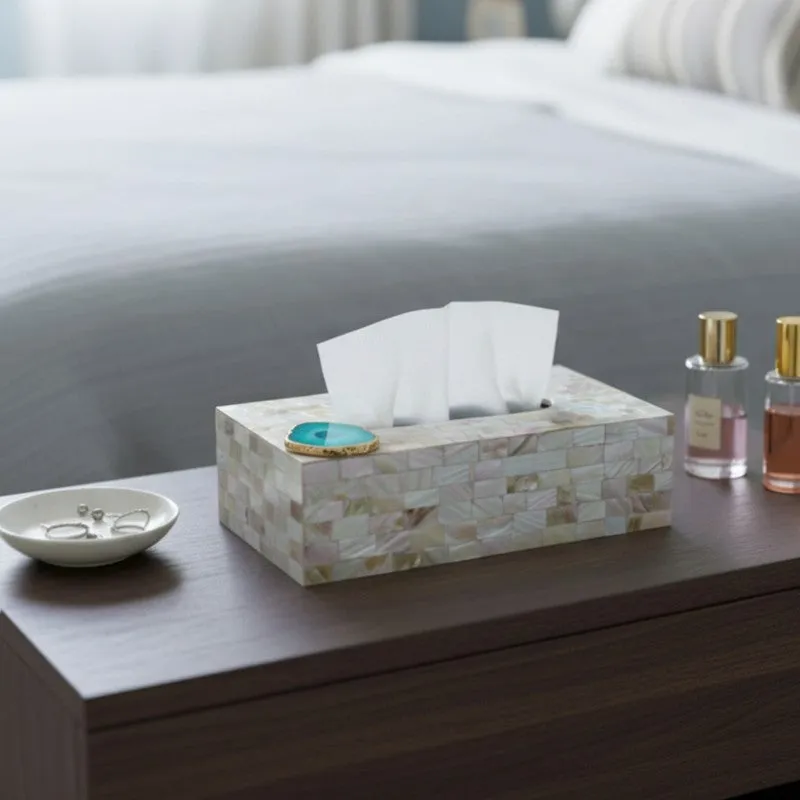 Suzzaine Handcrafted Mother Of Pearl & Agate Tissue Box - Turquoise & Beige media 7