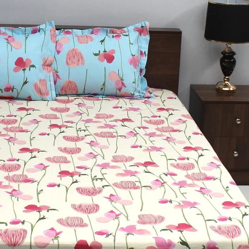Prisha Floral Cotton Bedsheet (Blue,Pink) - 110 TC media 1