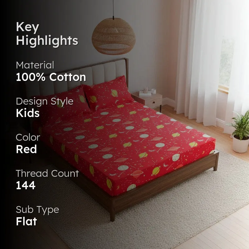 Galaxy Ride Kids Neon Print Cotton Bedsheet (Red) - 144 TC media 2