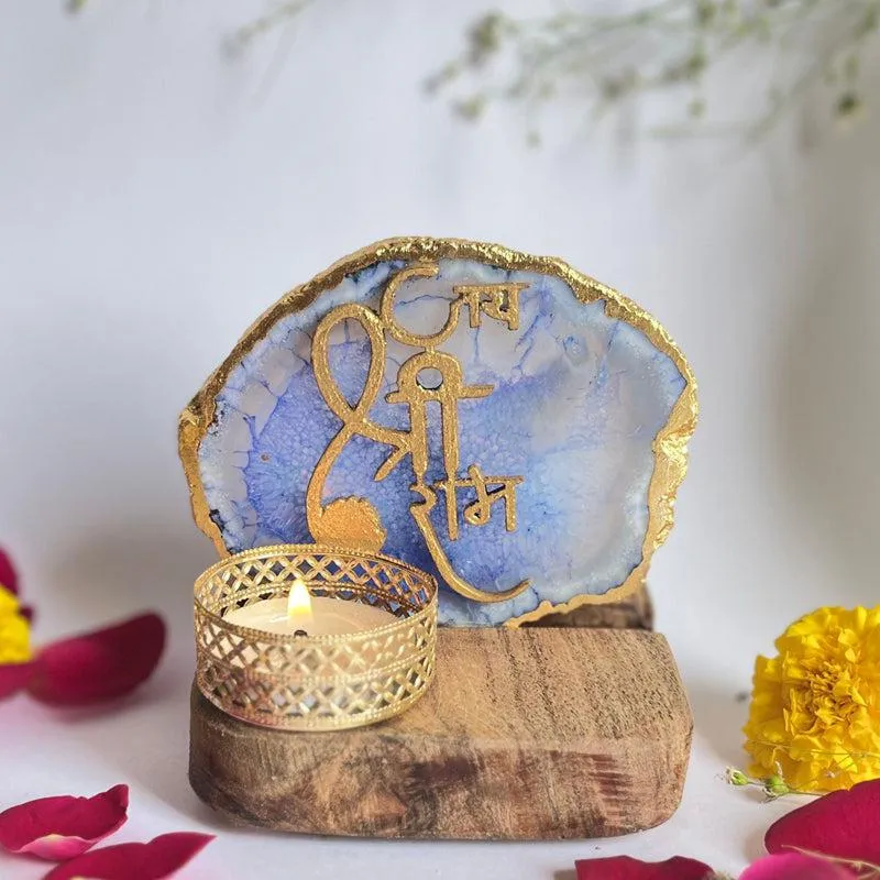 Jai Shri Ram Handcrafted Agate Religious Accent With Tealight Candle Holder - Blue media 4