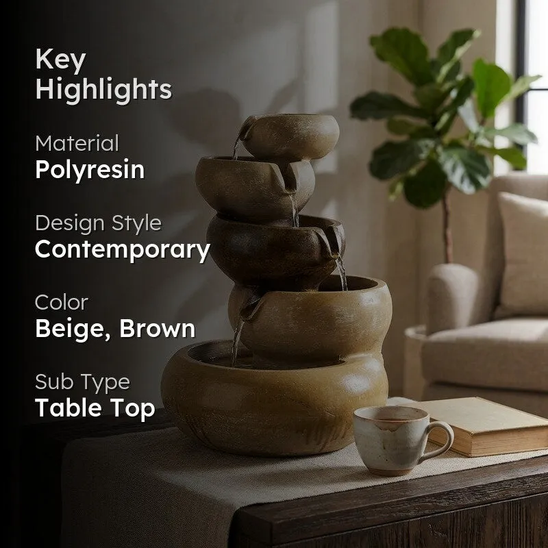 Darkened lifestyle image of the fountain with a product highlights text overlay
