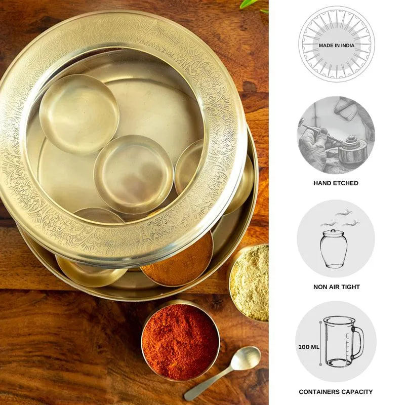 Spice Bloom Hand-Etched Brass Masala Box - 100 mL Each media 7