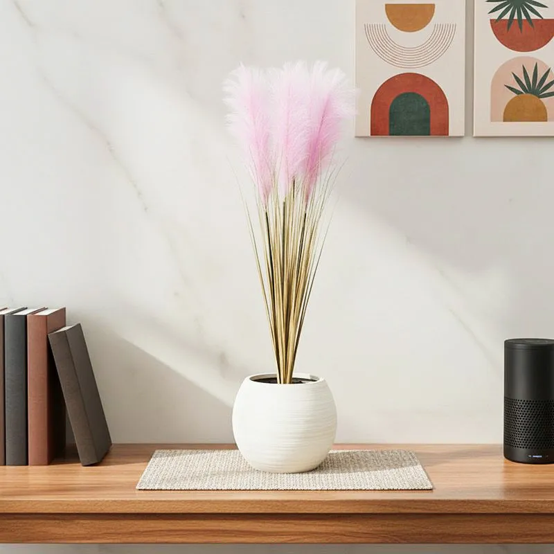 Faux Baby Pink Grass With Black Plastic Pot - 2.95 ft media 1