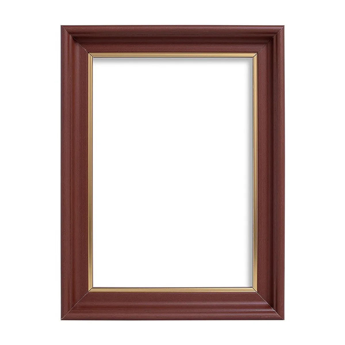 Front view of a brown rectangular photo frame with a golden inner border.