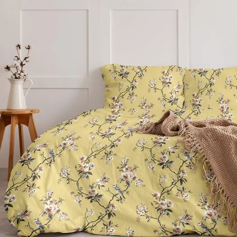 Cherry Blossom Floral Cotton Bedsheet (Mustard Yellow) - 254 TC media 5