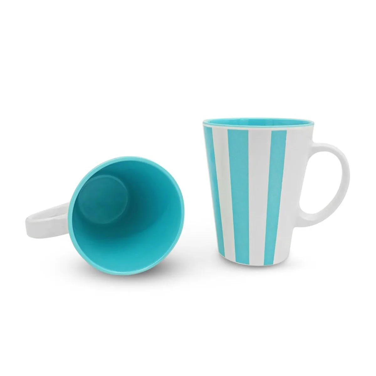 One upright and one tilted aqua-and-white striped mug showing the turquoise interior