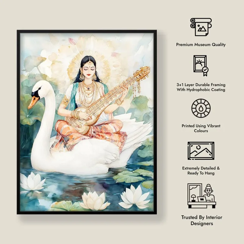 Vijnana Saraswati Spiritual Archival Paper Wall Painting With Frame - Black media 8