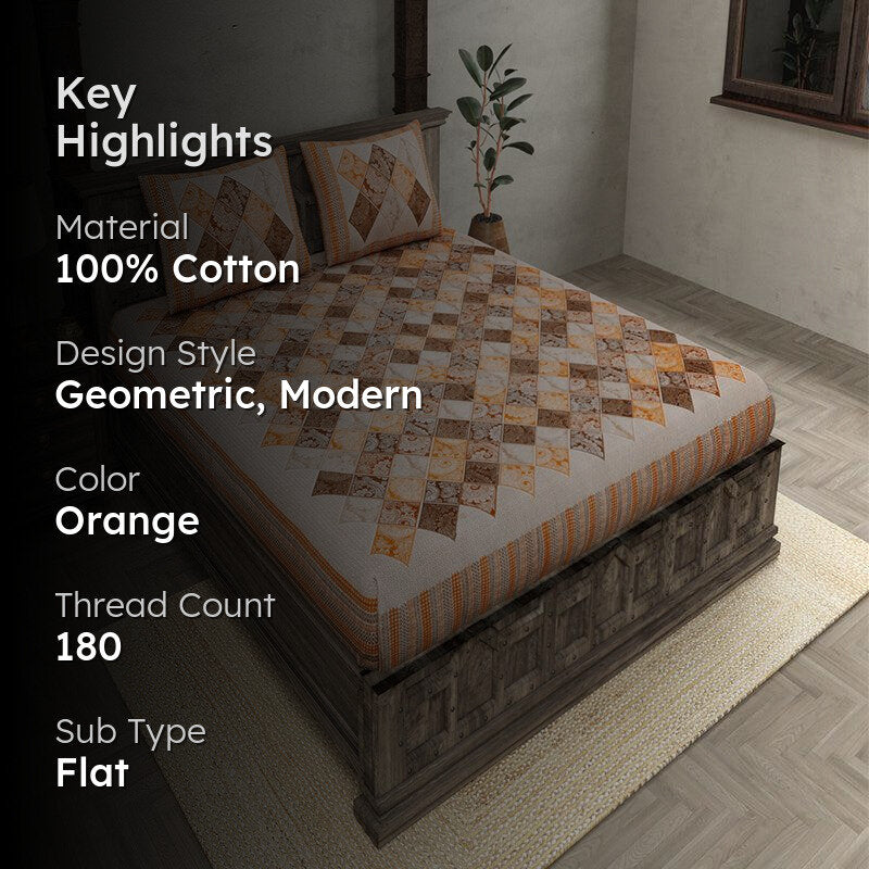 Mateo Geomatric Cotton Bedsheet (Orange) - 180 TC media 2