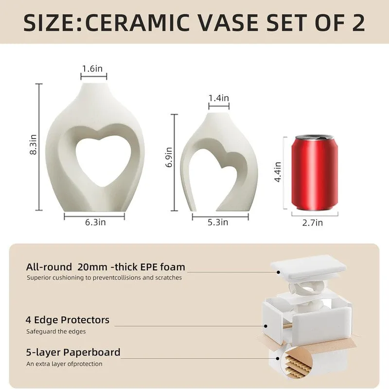 Two white abstract loop vases shown side by side with a can for scale