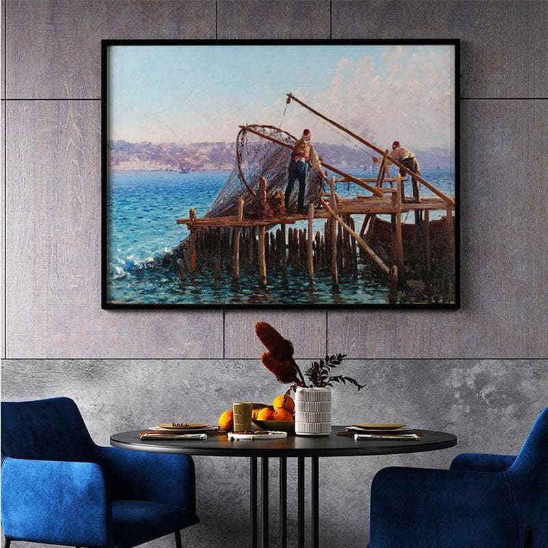 Fisherman By The Bay Canvas Wall Painting - Black Frame