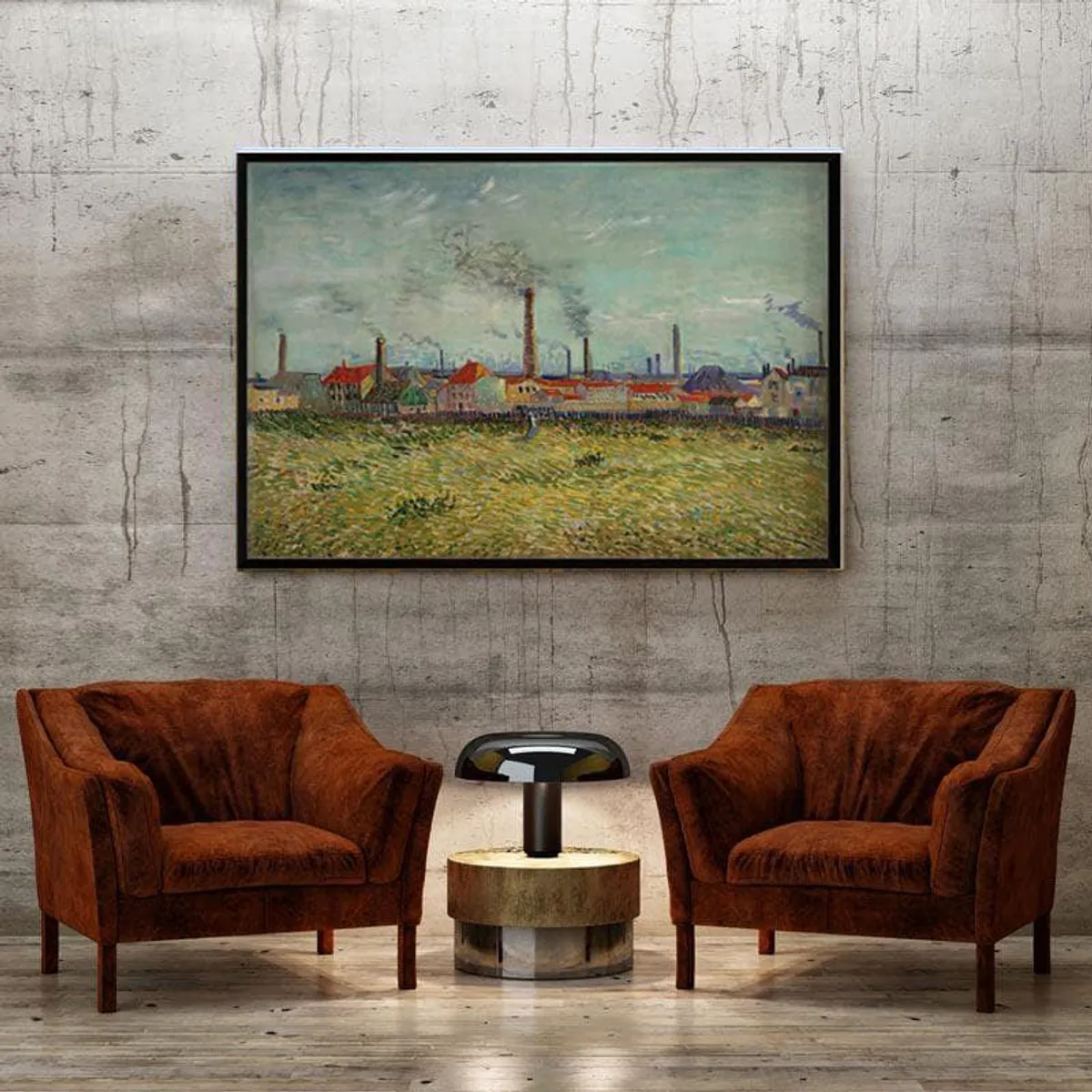 Framed landscape painting styled above two brown armchairs and a small round table.