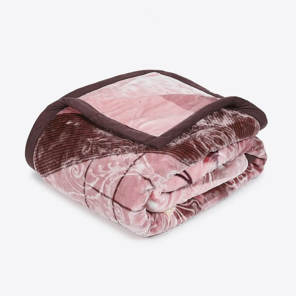 Folded pink floral blanket with burgundy border