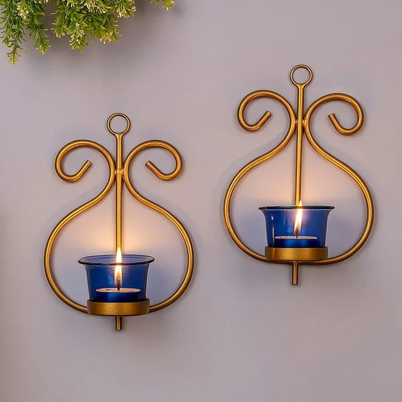 Seina Gold Frame Sconce Candle Holder (Blue) - Set Of Two media 1