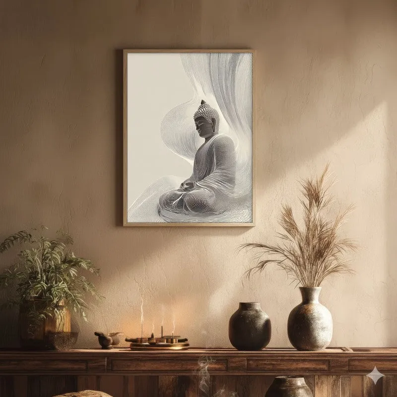 Quiet Contour Buddha Wall Painting With Brown Frame media 1