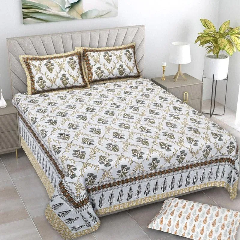 Giselle Floral Cotton Bedsheet (Beige) - 160 TC media 1