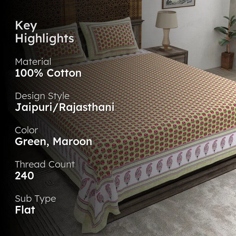 Floriya Cotton Bedsheet (Green,Maroon) - 240 TC media 2
