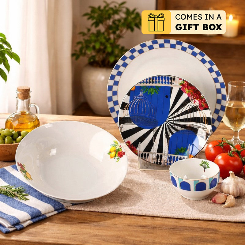 Artisan Pattern 24k Gold Brushed Dinner Set (Blue,White)- 27 Piece Set
