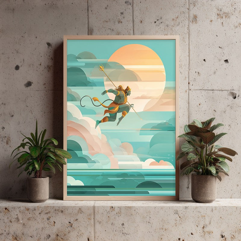 Powerful Hanuman Ji Flying Scene Archival Paper Wall Art - Natural Brown Frame media 3