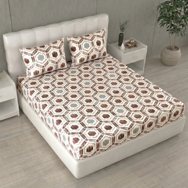 Cozy Nest Printed Pure Cotton Bedsheet (Off White,Brown) - 144 TC - King
