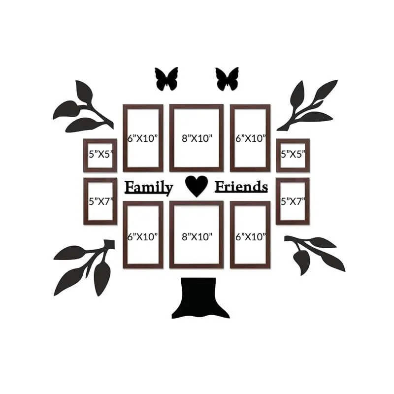 Wall collage layout showing ten brown frames with branch and butterfly motifs