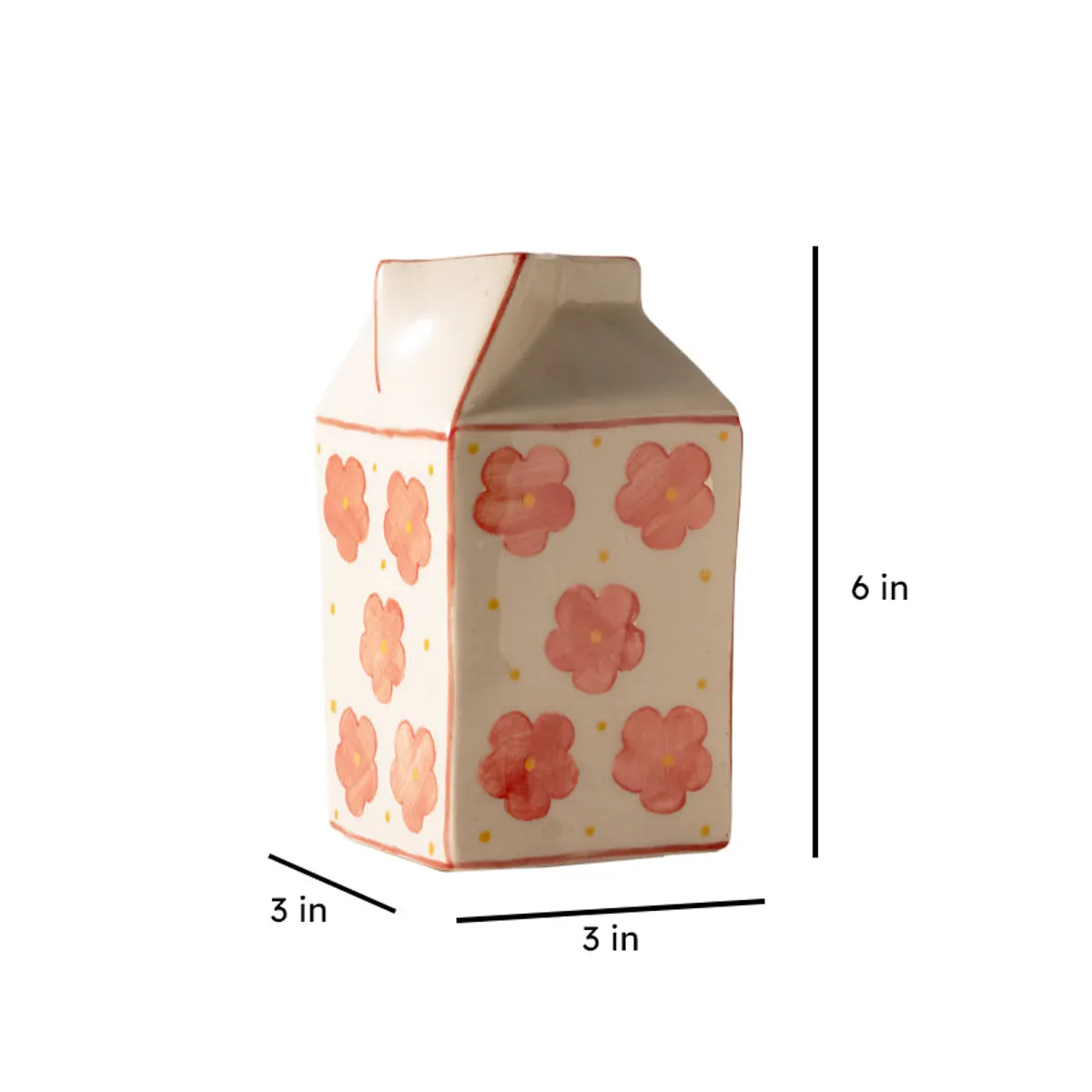 Studio image of the floral carton-shaped vase with size markers